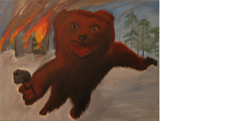 A bear with guns diving for cover on the Eastern Front
