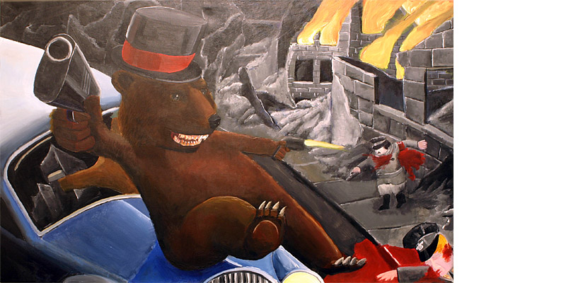Bear with a Gun, having acquired a smart-looking top hat, does a hoodslide.