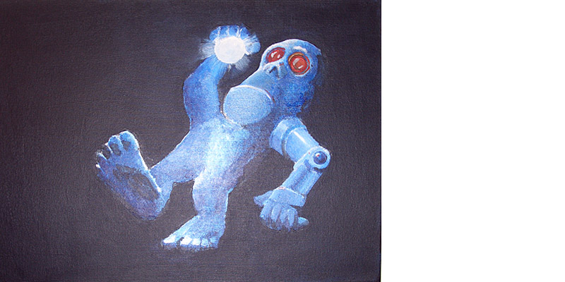 A cyborg monkey prepares to hurl.