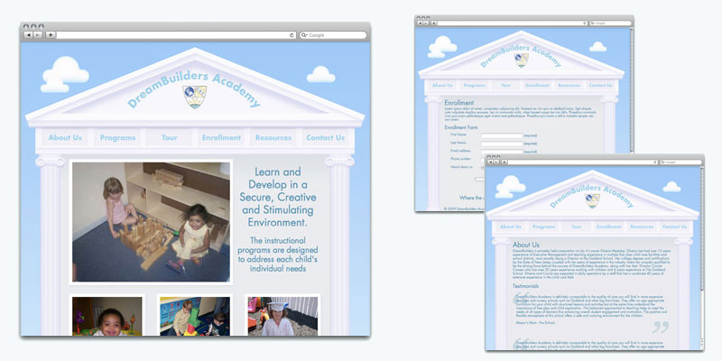 Hope page, enrollment form, and a typical user-editable content page